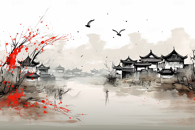 水墨江南小桥流水中式插画