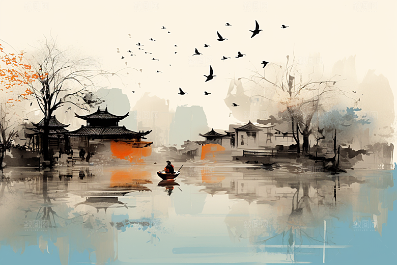 水墨江南小桥流水晕染插画