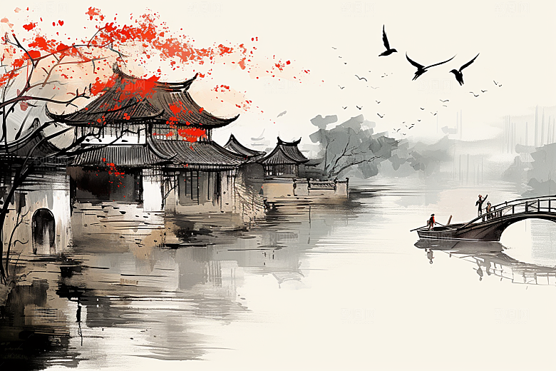 水墨江南晕染水彩插画