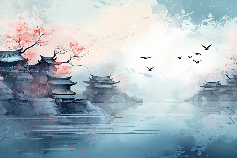 水墨江南小镇手绘插画