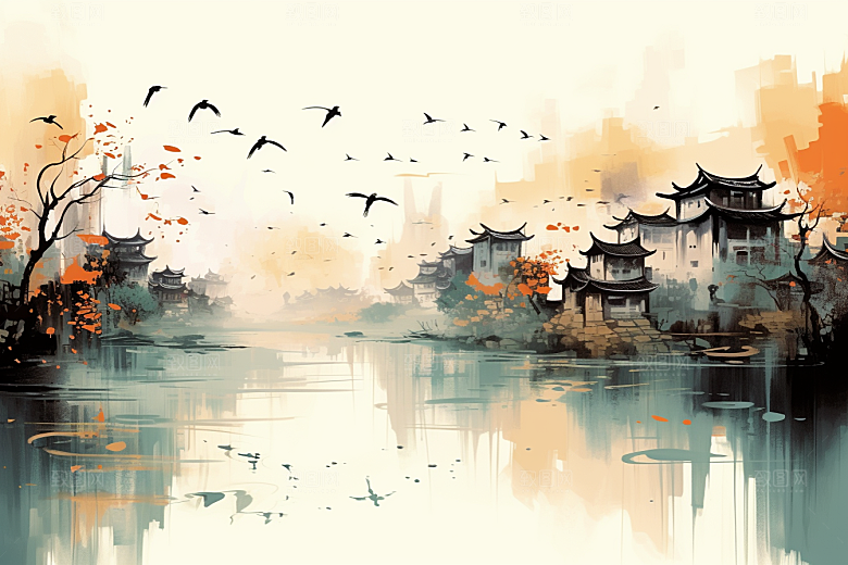 水墨江南水彩水乡插画