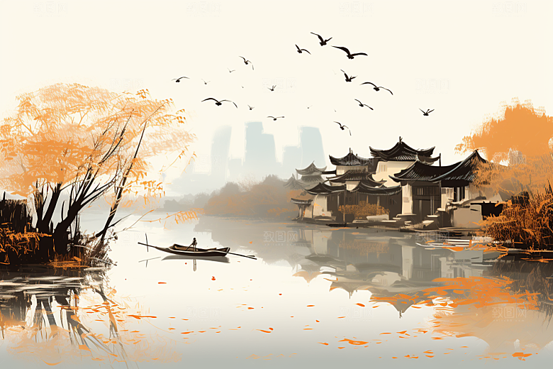 水墨江南小镇小桥流水插画