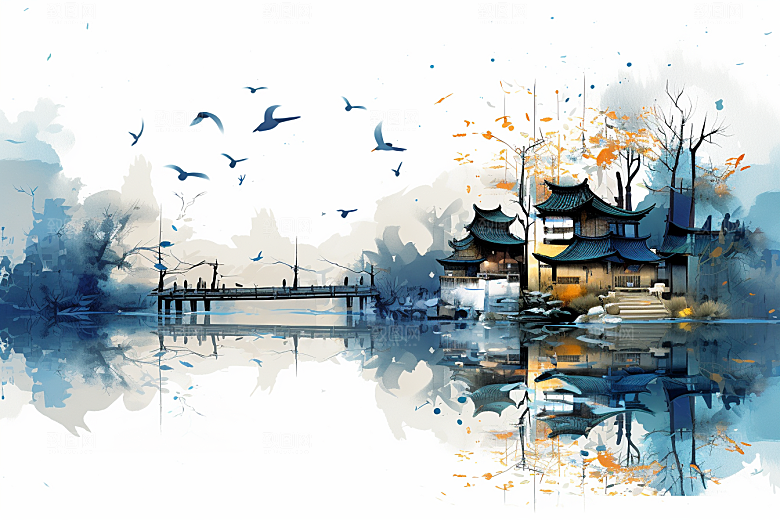 水墨江南水乡小桥流水插画