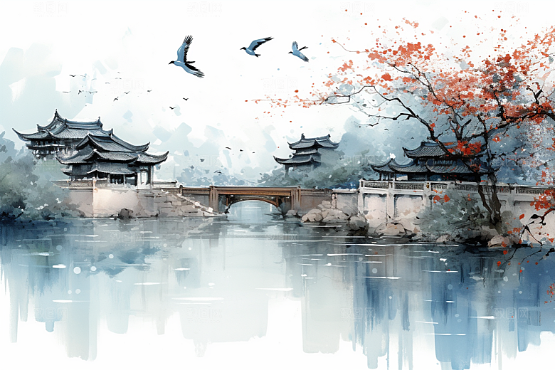 水墨江南水乡小镇插画