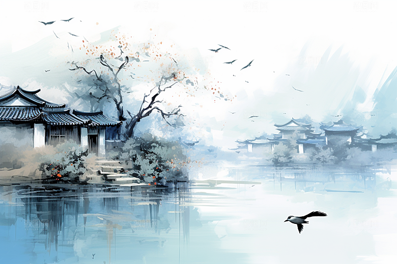 水墨江南中式水乡插画