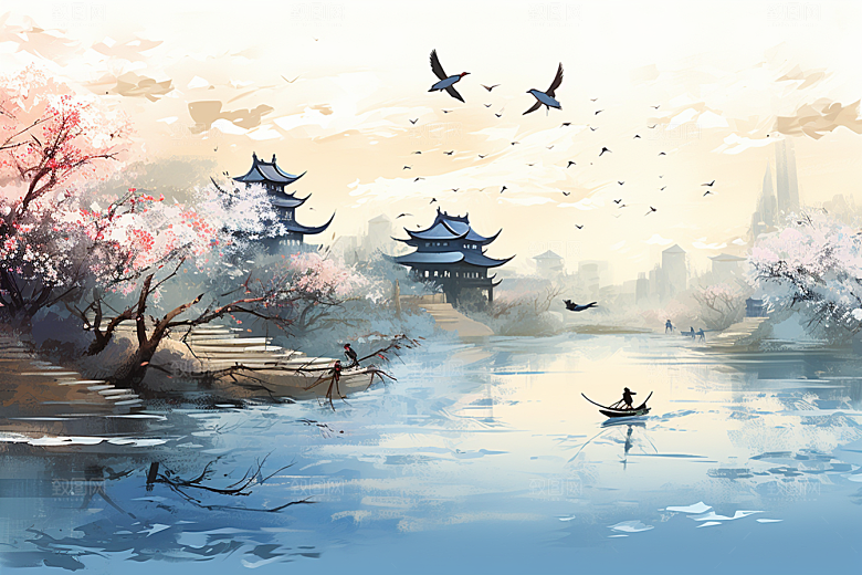 水墨江南小镇小桥流水插画