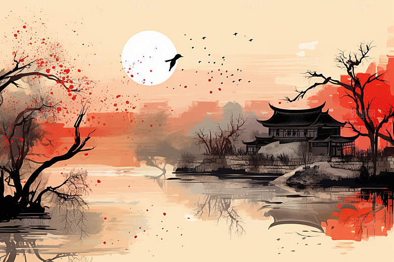 水墨江南中式手绘插画