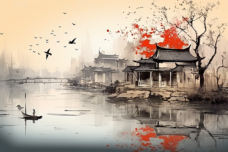 水墨江南中国风小桥流水插画