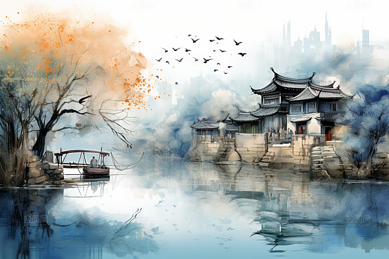 水墨江南粉墙黛瓦水乡插画
