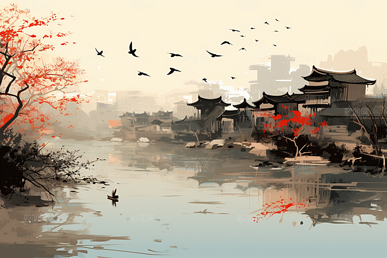 水墨江南小镇小桥流水插画