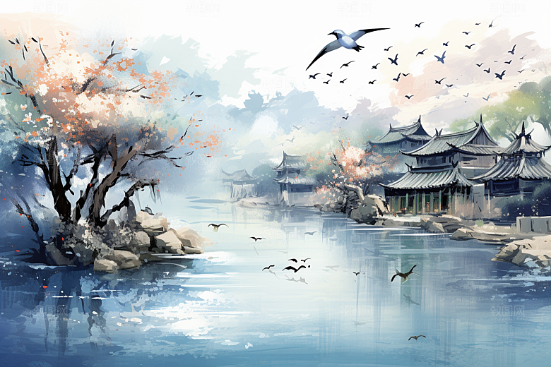 水墨江南小桥流水水乡插画