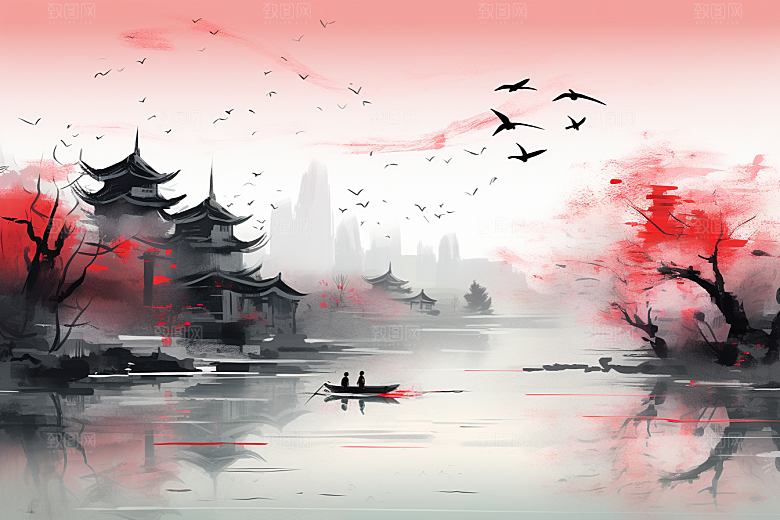 水墨江南晕染中式插画