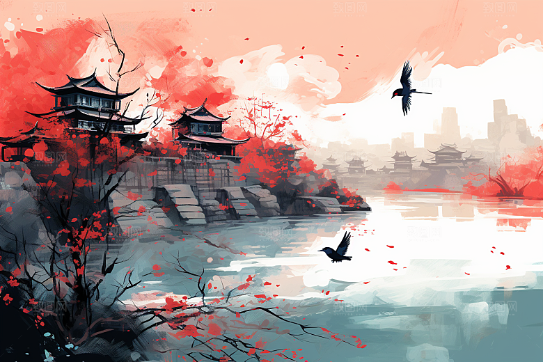 水墨江南小桥流水中式插画