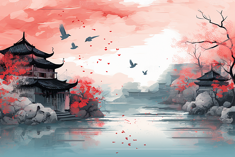 水墨江南小桥流水中式插画