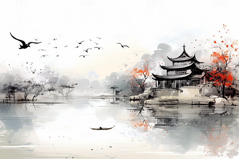 水墨江南晕染粉墙黛瓦插画