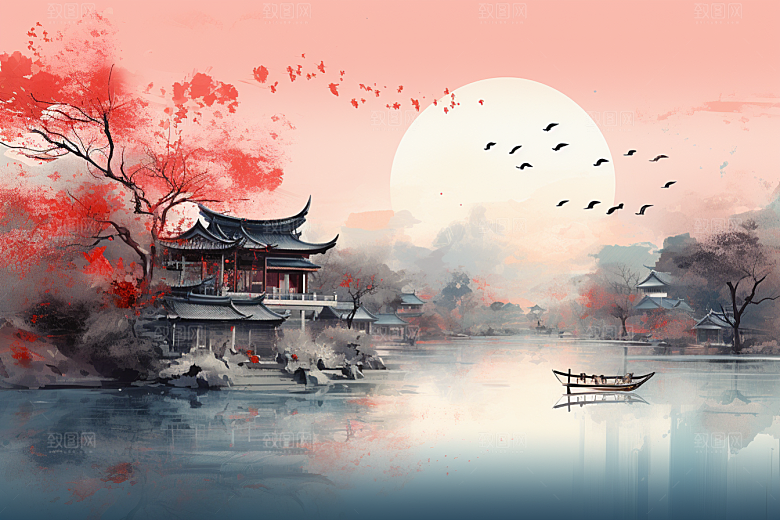 水墨江南粉墙黛瓦水彩插画