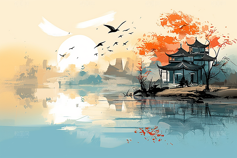 水墨江南小桥流水水彩插画