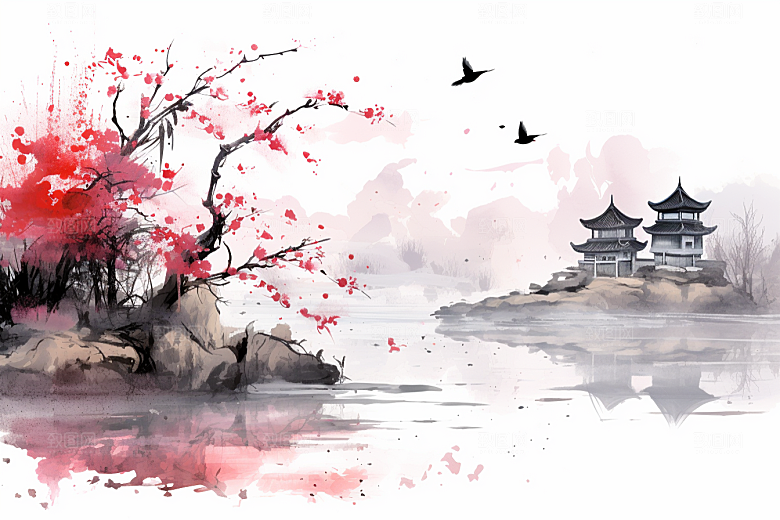 水墨江南小桥流水中式插画