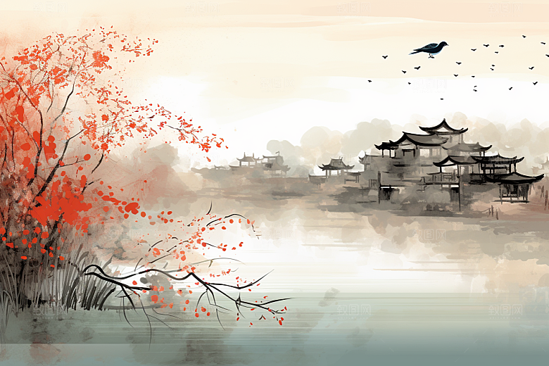 水墨江南小桥流水中式插画