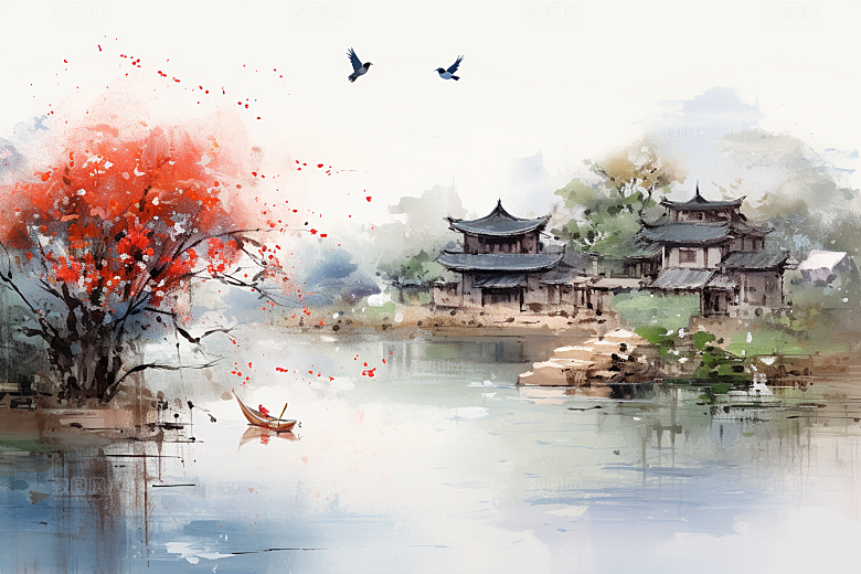 水墨江南手绘小镇插画