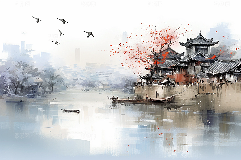 水墨江南水乡水彩插画