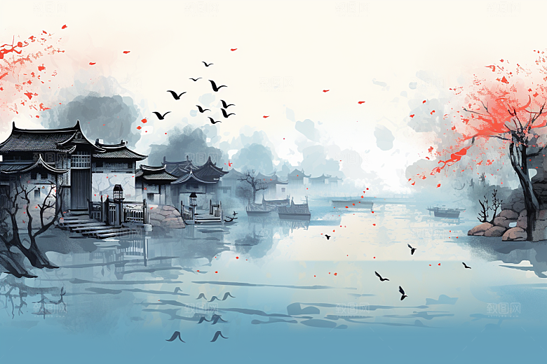 水墨江南晕染中国风插画