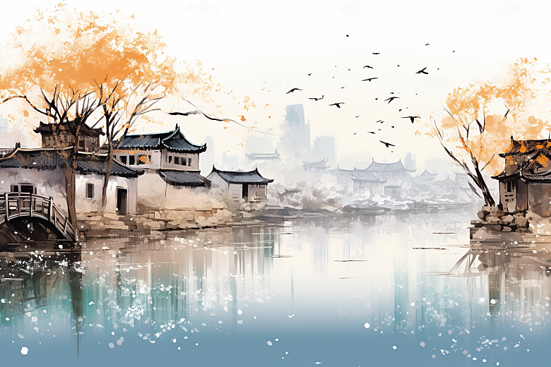 水墨江南小桥流水中式插画