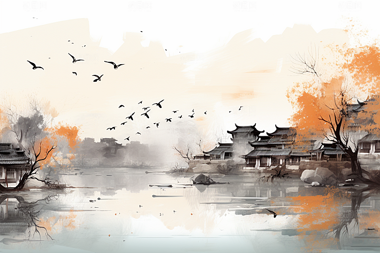 水墨江南晕染手绘插画