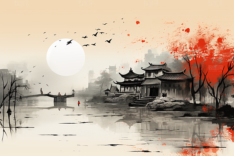 水墨江南中国风晕染插画