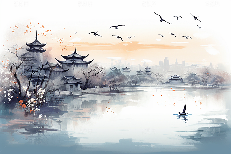 水墨江南中式小镇插画