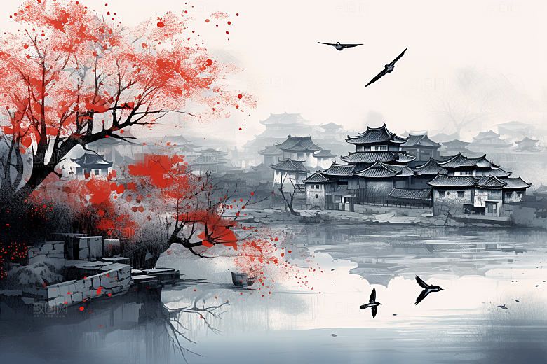 水墨江南粉墙黛瓦晕染插画