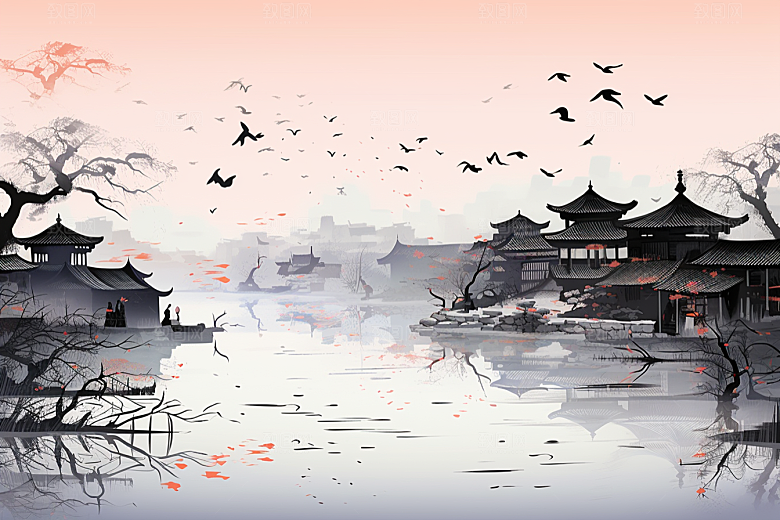 水墨江南晕染小桥流水插画
