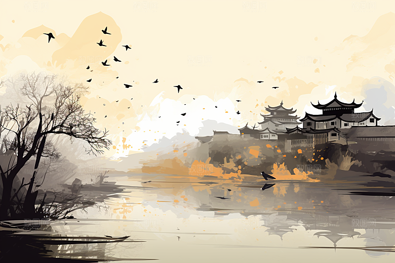 水墨江南水乡粉墙黛瓦插画