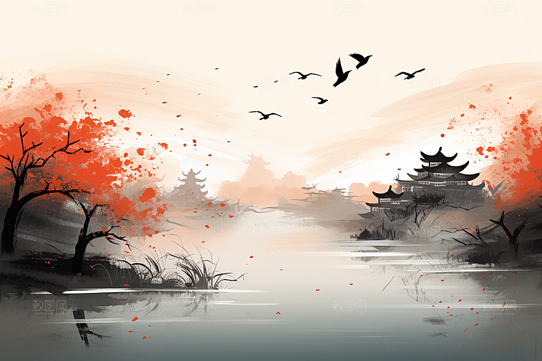 水墨江南小镇中式插画