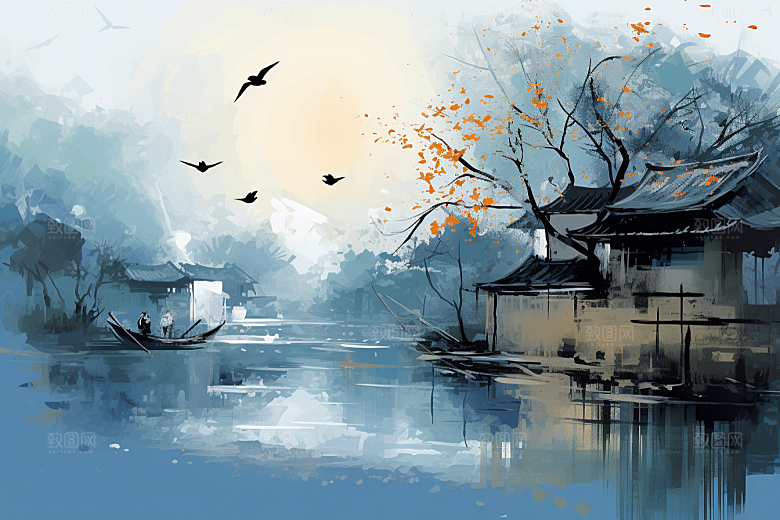 水墨江南晕染手绘插画