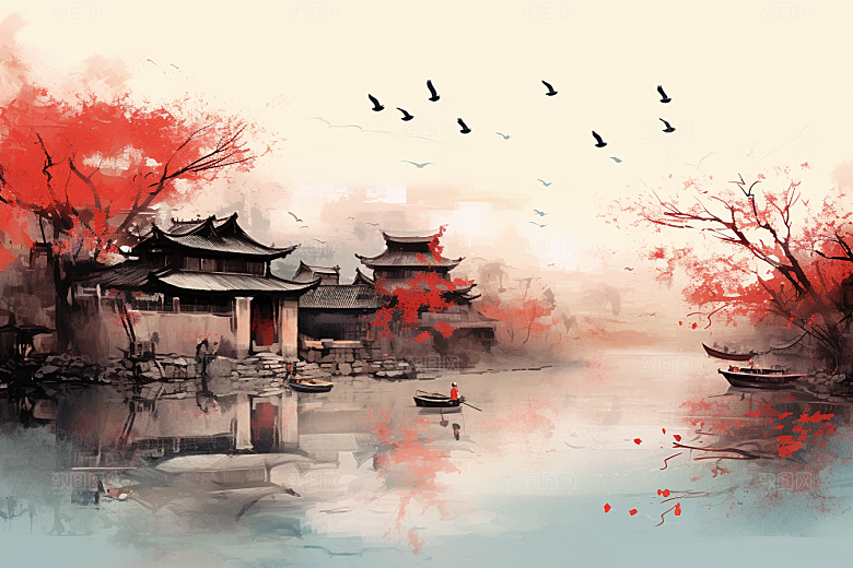 水墨江南水乡小桥流水插画