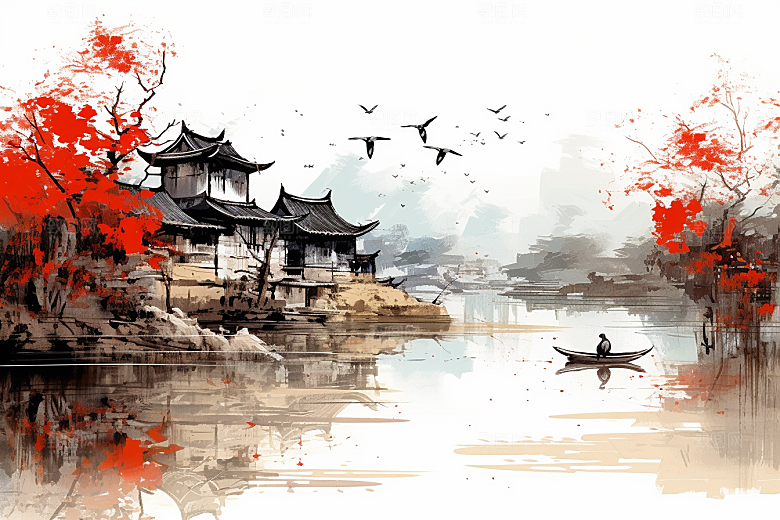 水墨江南水乡晕染插画