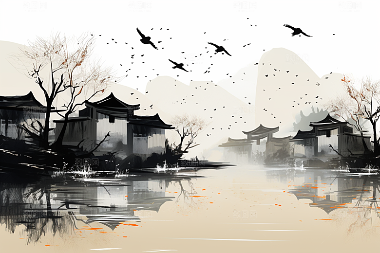 水墨江南中式小桥流水插画