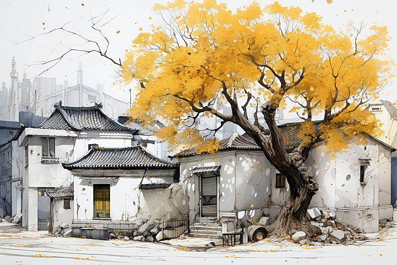 水墨江南手绘小镇插画