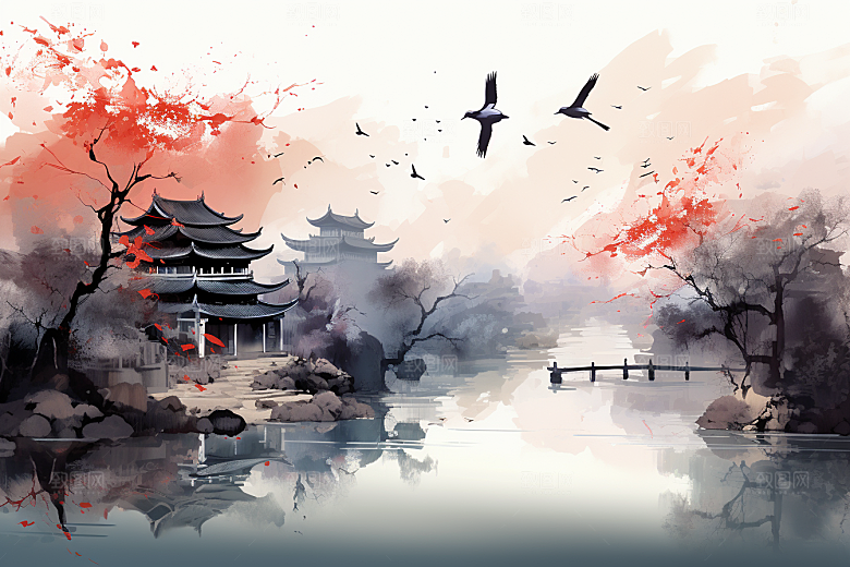 水墨江南水乡水彩插画