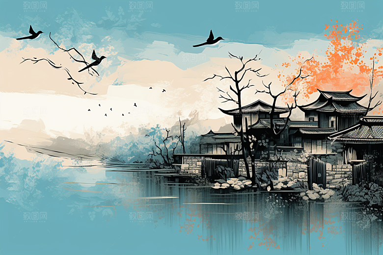 水墨江南小镇粉墙黛瓦插画