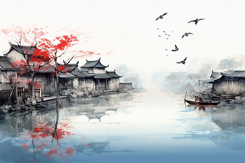 水墨江南中式粉墙黛瓦插画