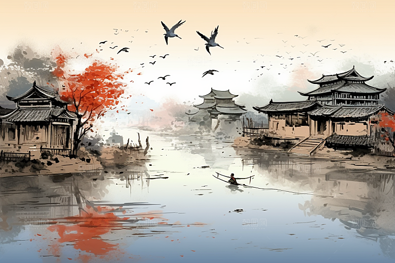 水墨江南小桥流水小镇插画
