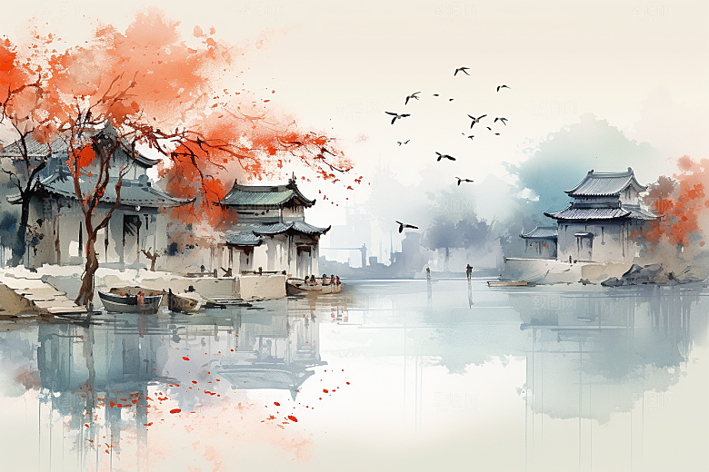水墨江南中式手绘插画