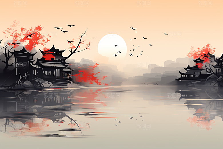 水墨江南中国风晕染插画