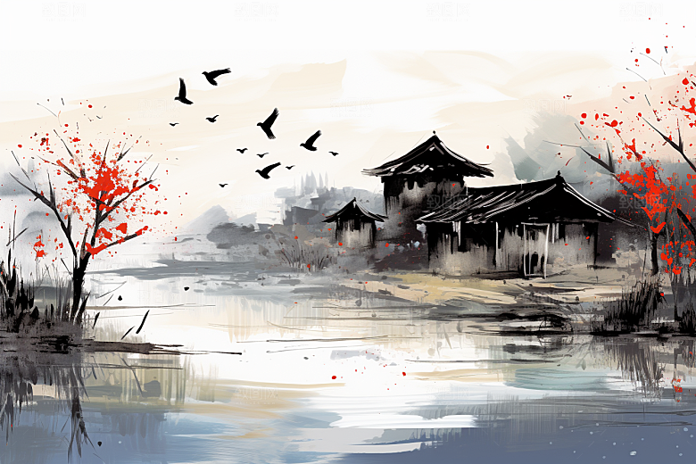 水墨江南粉墙黛瓦水彩插画