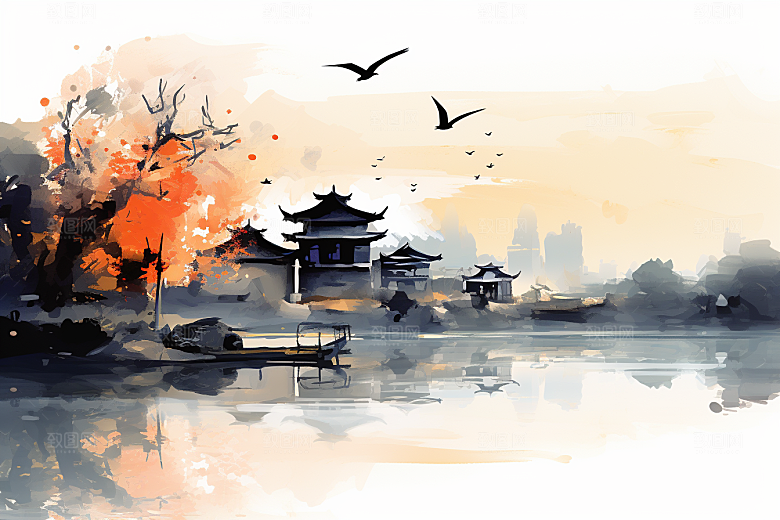 水墨江南粉墙黛瓦晕染插画
