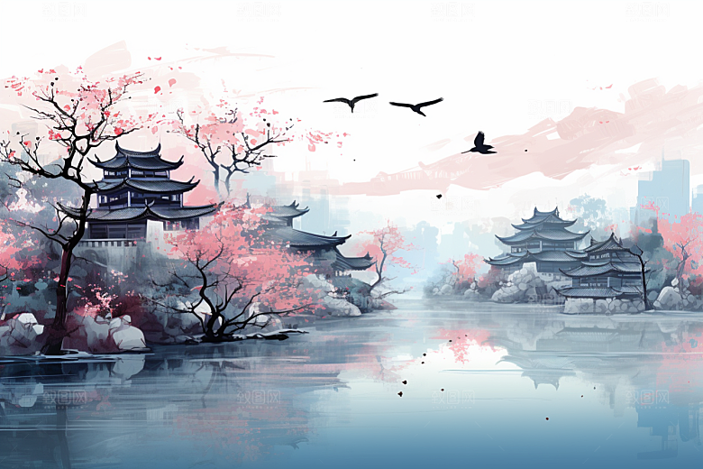 水墨江南中式粉墙黛瓦插画