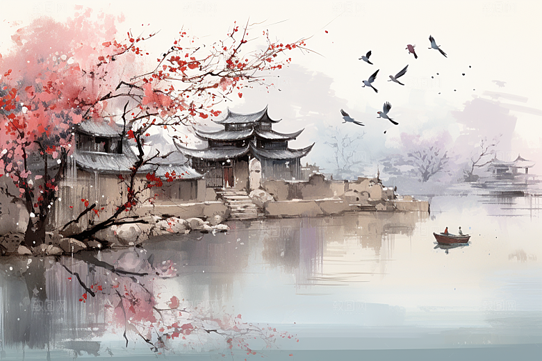 水墨江南粉墙黛瓦晕染插画