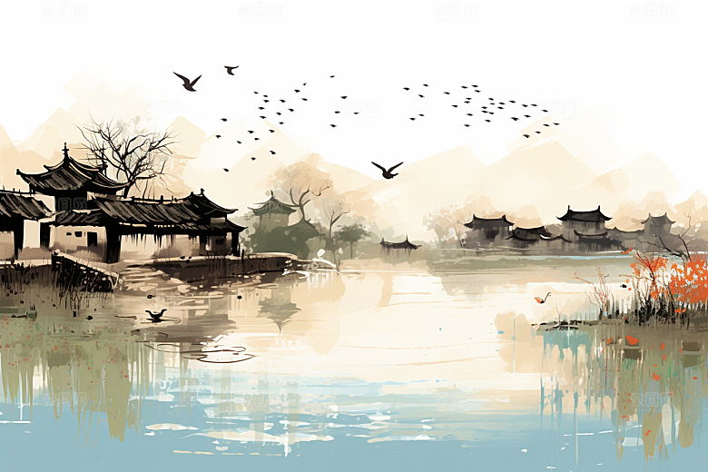 水墨江南水乡手绘插画